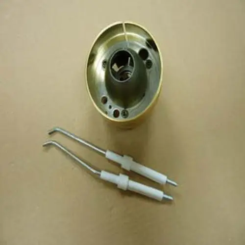 Zentrierstein mit Flammkopf in Metalloptik, ausgestattet mit zwei gebogenen Halterungen, zur Verwendung in Remeha Heizsystemen.